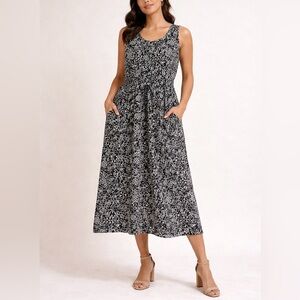 BlueGinger Black & White Floral Tropical Midi A-Line Sleeveless Rayon Dress XXL